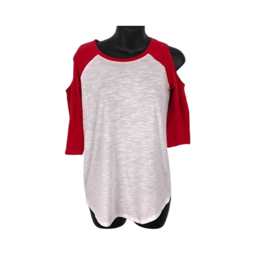 SO Womens Cold Shoulder Top Red White Baseball T-Shirt 3/4 Sleeve Size S